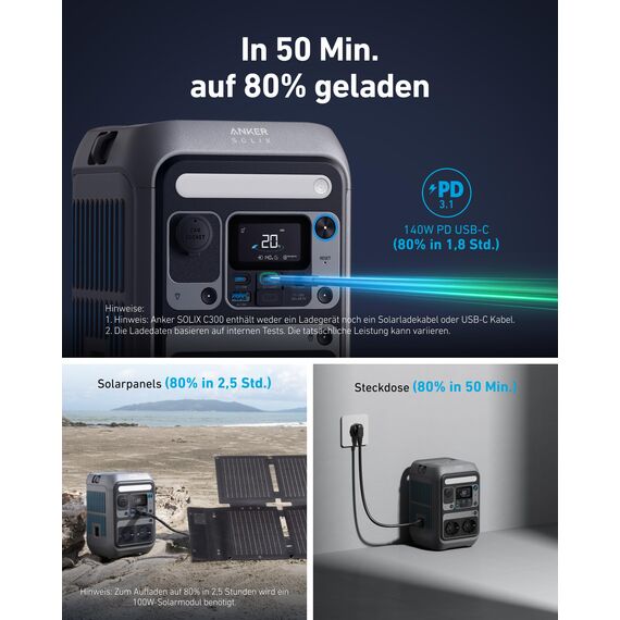 Anker SOLIX C300 Tragbare Powerstation, 288Wh LiFePO4 Akku, 300W (Max 600W) Solargenerator, 140W Beiseitige Schnellladeleistung, Für Camping, Draußen, Reisen, Notfälle, unterwegs (Solarpanel Optional)