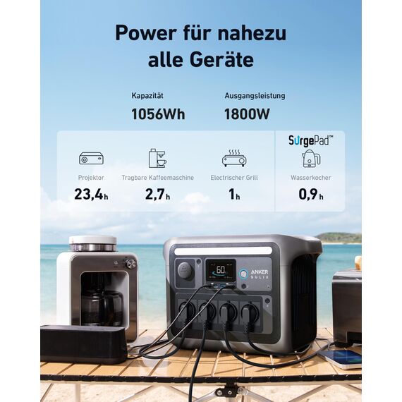 Anker SOLIX C1000 Tragbare Powerstation, LiFePO4, 1800W Solargenerator, 100% geladen in 58 Min. mit UltraFast Modus, LFP Powerstation für Outdoor, Camping und Stromreserve (Optionales Solarpanel)