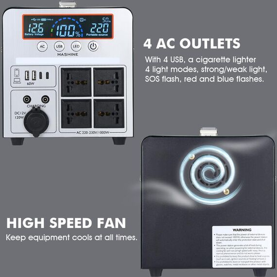 Tragbare Powerstation 1000W/666Wh, Mashine Tragbare Wiederaufladbare Generator Backup Batteriepack für Camping, Wohnmobile, Drohnen, Erste Hilfe und Außenbeleuchtung, mit 4 AC Anschlüssen