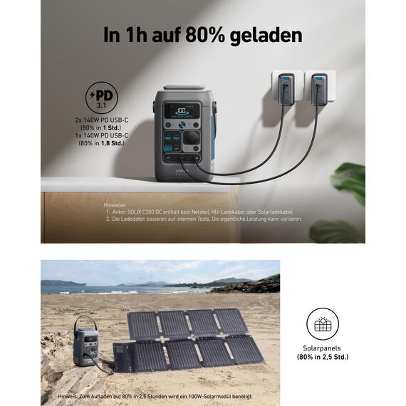 Anker SOLIX C300 DC Powerbank Powerstation + 100W Solarpanel, 288Wh Akku für mehrere Geräte, LiFePO4 Akku, 300W Solargenerator, Für Camping, Reisen, Notfälle (Netzteil Nicht im Lieferumfang)