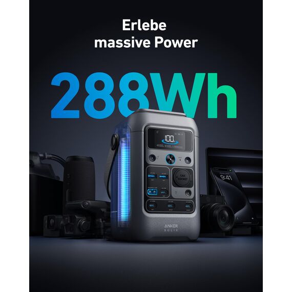 Anker SOLIX C300 DC Powerbank Powerstation + Schutztasche, 288Wh Akku für mehrere Geräte, LiFePO4 Akku, 300W Solargenerator, Für Camping, Reisen, Notfälle (Netzteil Nicht im Lieferumfang)
