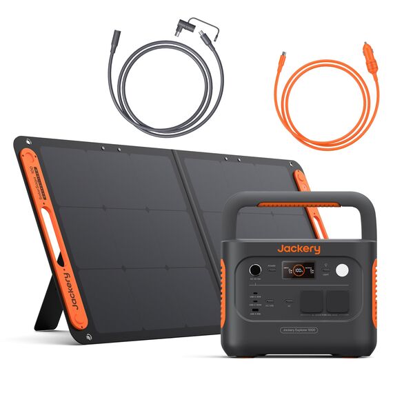 Jackery Explorer 1000 v2 Powerstaion Set, 1070Wh E1000 v2 LFP Powerstation mit 100W Solarpanel, 5 m Verlängerungskabel & DC8020 Kfz-Ladekabel, 1 Std. Schnellladung, für Camping & Wohnmobil