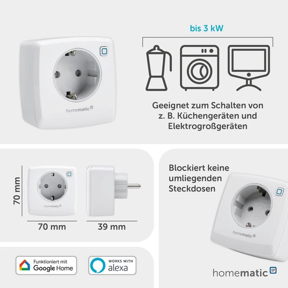 Homematic IP Schaltsteckdose, Smart Home, digitaler Zwischenstecker steuert Leuchten oder Elektrogeräte per App, Alexa & Google Home, Energie sparen, 157338A0