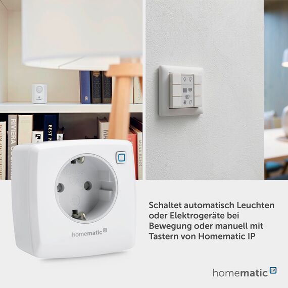Homematic IP Schaltsteckdose, Smart Home, digitaler Zwischenstecker steuert Leuchten oder Elektrogeräte per App, Alexa & Google Home, Energie sparen, 157338A0