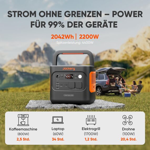 Jackery E2000 v2 tragbare Powerstation mit DC8020 Kfz-Ladekabel, LiFePO4 Akku, 2042Wh Solargenerator mit 2200W Ausgang (Max 4400W), Schnellladung von 0-80% in 52 Min für Notfall, Camping, Wohnmobil