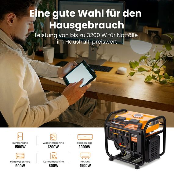3200W Inverter-Generator, Benzin 4-Takt Backup-Stromversorgung mit Parallell-Funktion, mit AC/DC/USB-Ausgängen für Garten, Arbeitsplatz, Haus, Garage und mehr