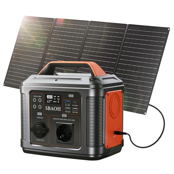 Tragbare Powerstation mit 60W Solarpanel, SBAOH 296Wh Solargenerator mit 300W Ausgang, Mobile Stromversorgung für Garten Reise Camping Wohnmobil Notfall