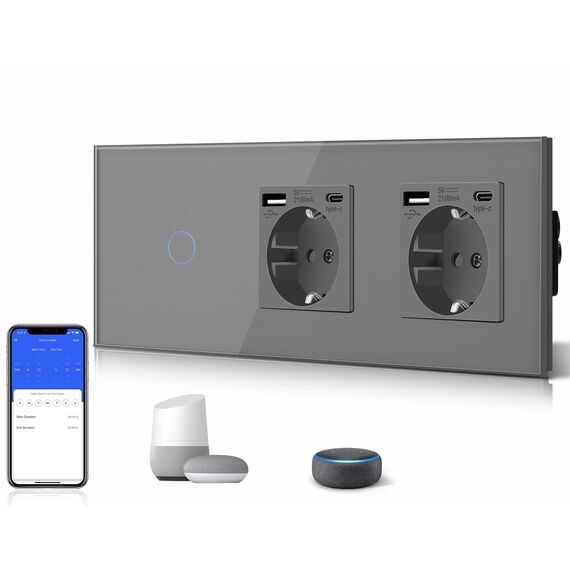 BSEED WLAN Lichtschalter(Neutralleiter Erforderlich), 1 Fach 1 Weg Schalter mit 2 Non-Wifi Steckdose mit USB C aus Glas, Wifi Schalter Kompatibel mit Alexa/Tuya/Google Home/SAMRT LIFE, Grau