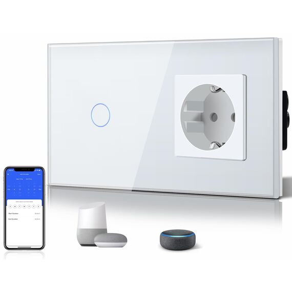 BSEED WLAN Lichtschalter(Neutralleiter Erforderlich), 1 Fach 1 Weg wifi Schalter mit Non-Wifi Steckdose aus Glas, Smart Schalter Kompatibel mit Alexa/Tuya/Google Home/SAMRT LIFE, Weiß