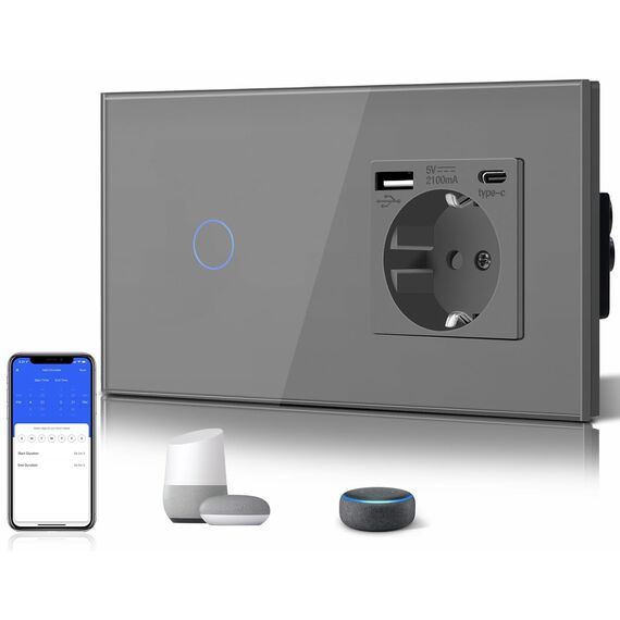 BSEED WLAN Lichtschalter(Neutralleiter Erforderlich), 1 Fach 1 Weg wifi Schalter mit Non-Wifi Steckdose USB C aus Glas, Smart Schalter Kompatibel mit Alexa/Tuya/Google Home/SAMRT LIFE, Grau