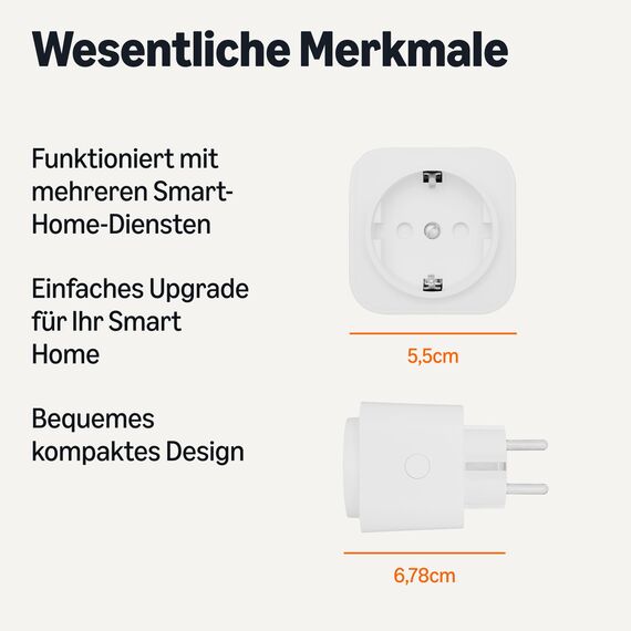 Amazon Basics Smarter Stecker, Matter-kompatibel, Kompatibel mit Amazon Alexa, Google Home, Apple HomeKit, Matter-Hub erforderlich, Nur 2,4GHz-WLAN, Weiß, 1er-Pack