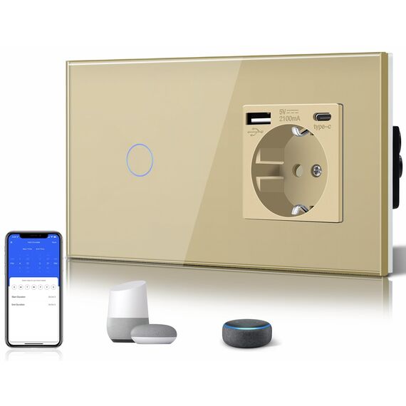 BSEED WLAN Lichtschalter(Neutralleiter Erforderlich), 1 Fach 1 Weg wifi Schalter mit Non-Wifi Steckdose USB C aus Glas, Smart Schalter Kompatibel mit Alexa/Tuya/Google Home/SAMRT LIFE, Gold