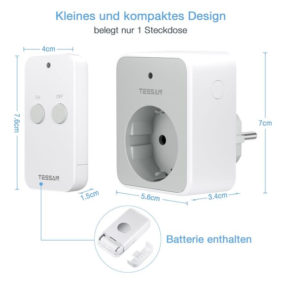 TESSAN Funksteckdose mit Fernbedienung, Steckdose mit Fernbedienung 30,5M Reichweite, 3600W innen, Schaltbare mit Magnetische, Programmierbar