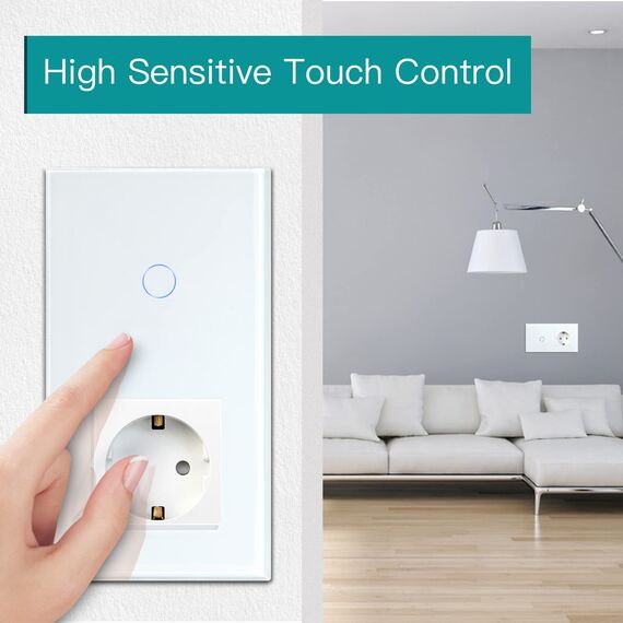 BSEED WLAN Lichtschalter(Neutralleiter Erforderlich), 1 Fach 1 Weg wifi Schalter mit Non-Wifi Steckdose aus Glas, Smart Schalter Kompatibel mit Alexa/Tuya/Google Home/SAMRT LIFE, Weiß