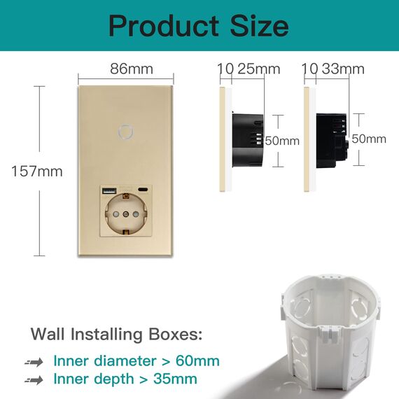 BSEED WLAN Lichtschalter(Neutralleiter Erforderlich), 1 Fach 1 Weg wifi Schalter mit Non-Wifi Steckdose USB C aus Glas, Smart Schalter Kompatibel mit Alexa/Tuya/Google Home/SAMRT LIFE, Gold