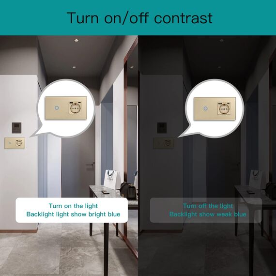 BSEED WLAN Lichtschalter(Neutralleiter Erforderlich), 1 Fach 1 Weg wifi Schalter mit Non-Wifi Steckdose USB C aus Glas, Smart Schalter Kompatibel mit Alexa/Tuya/Google Home/SAMRT LIFE, Gold