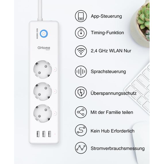 GHome Smart WLAN Steckdosenleiste mit 3 AC-Steckdose und 3 USB,Separat Gesteuert Schalter mit Mehrfachsteckdose,Stromverbrauch Messen,App-Steuerung,Kompatibel mit Alexa,Google Home,Nur 2,4GHz,16A,1.5M