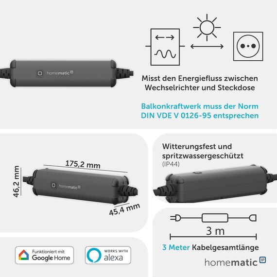 Homematic IP Schalt-Mess-Kabel – außen, Balkonkraftwerke (DIN VDE V 0126‑95 ab 12/2025) ins Smart Home einbinden, Gartengeräte und -lampen per App, Alexa & Google Home steuern, outdoor, IP44, 160775A0