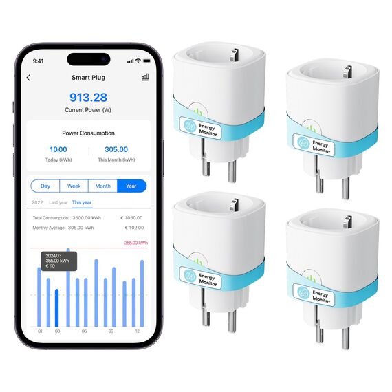 Meross Smart WLAN Steckdose mit Strommessung 16A, Zeitschaltuhr Steckdose mit Sprachsteuerung, Fernzugriff, Smart Home WiFi Steckdosen kompatibel mit Alexa, Google Home, SmartThings, 4er