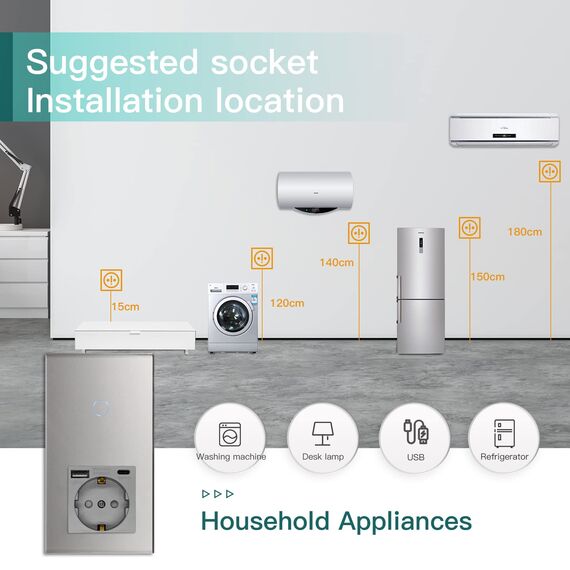BSEED WLAN Lichtschalter(Neutralleiter Erforderlich), 1 Fach 1 Weg wifi Schalter mit Non-Wifi Steckdose USB C aus Glas, Smart Schalter Kompatibel mit Alexa/Tuya/Google Home/SAMRT LIFE, Grau