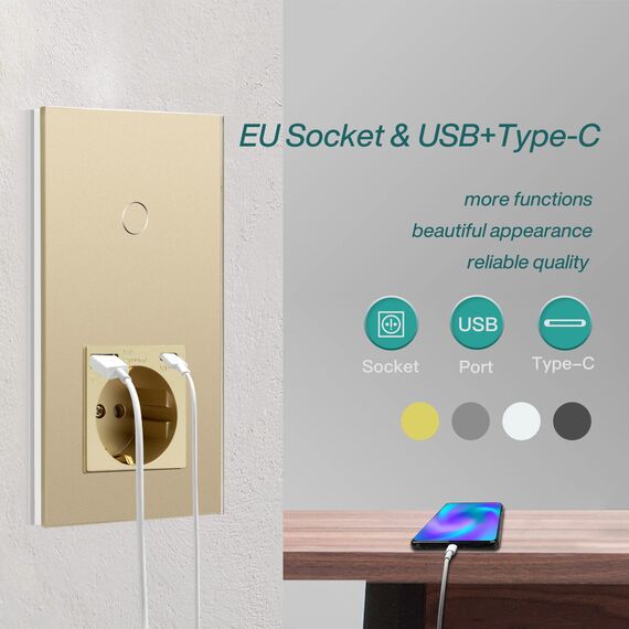 BSEED WLAN Lichtschalter(Neutralleiter Erforderlich), 1 Fach 1 Weg wifi Schalter mit Non-Wifi Steckdose USB C aus Glas, Smart Schalter Kompatibel mit Alexa/Tuya/Google Home/SAMRT LIFE, Gold