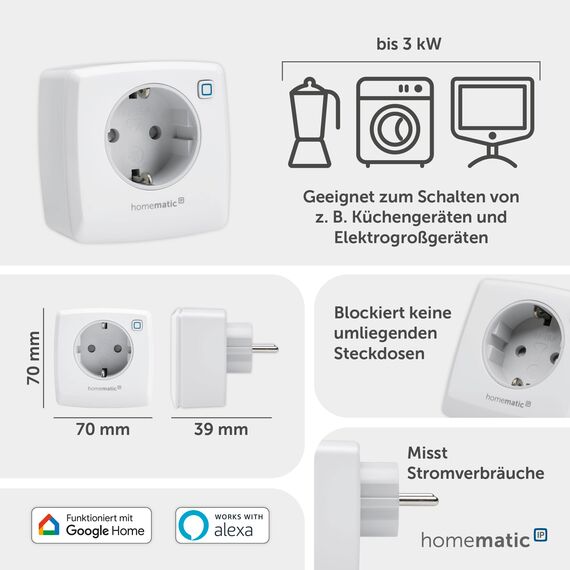 Homematic IP Schalt-Mess-Steckdose, Smart Home, Steckdose misst Strom, digitaler Zwischenstecker Steuerung per App, Alexa & Google Home, Energie sparen, 157337A0