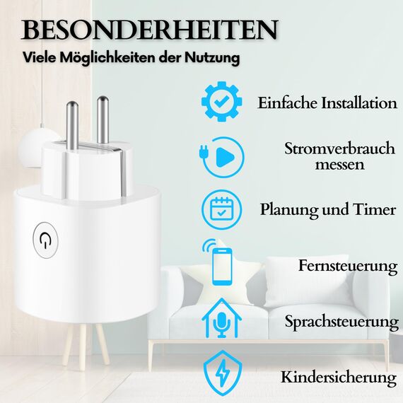 Echos Smart WiFi Steckdose 4-teilig - App-gesteuert mit Energiemonitor, Sprachsteuerung mit Google Home und Alexa, Smart Home