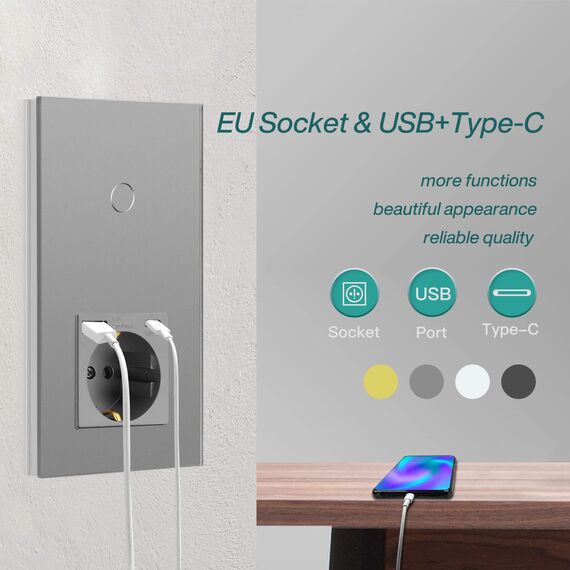 BSEED WLAN Lichtschalter(Neutralleiter Erforderlich), 1 Fach 1 Weg wifi Schalter mit Non-Wifi Steckdose USB C aus Glas, Smart Schalter Kompatibel mit Alexa/Tuya/Google Home/SAMRT LIFE, Grau