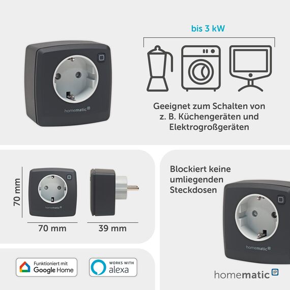 Homematic IP Smart Home Schaltsteckdose - anthrazit, digitaler Zwischenstecker steuert Leuchten oder Elektrogeräte per App, Alexa & Google Assistant, Energie sparen, 161613A0