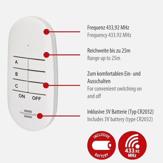 Brennenstuhl Comfort-Line Funksteckdosen-Set Mini 3+1, 3er Funkschalt-Set (Innenbereich, mit Handsender und erhöhtem Berührungsschutz) weiß