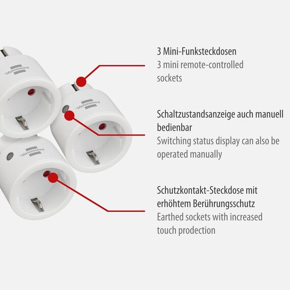 Brennenstuhl Comfort-Line Funksteckdosen-Set Mini 3+1, 3er Funkschalt-Set (Innenbereich, mit Handsender und erhöhtem Berührungsschutz) weiß