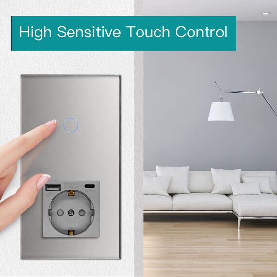 BSEED WLAN Lichtschalter(Neutralleiter Erforderlich), 1 Fach 1 Weg wifi Schalter mit Non-Wifi Steckdose USB C aus Glas, Smart Schalter Kompatibel mit Alexa/Tuya/Google Home/SAMRT LIFE, Grau
