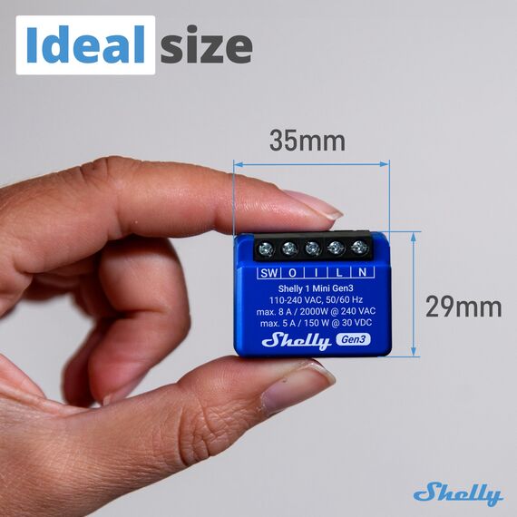 Shelly 1 Mini Gen3 - WLAN & Matter Smart Relaisschalter, 1 Kanal, 8A, Potentialfreier Kontakt, Lichtschalter, Garagentoröffner, Heizung, Smart Home, Zeitschaltuhr, Kein Hub Erforderlich, Alexa, Google