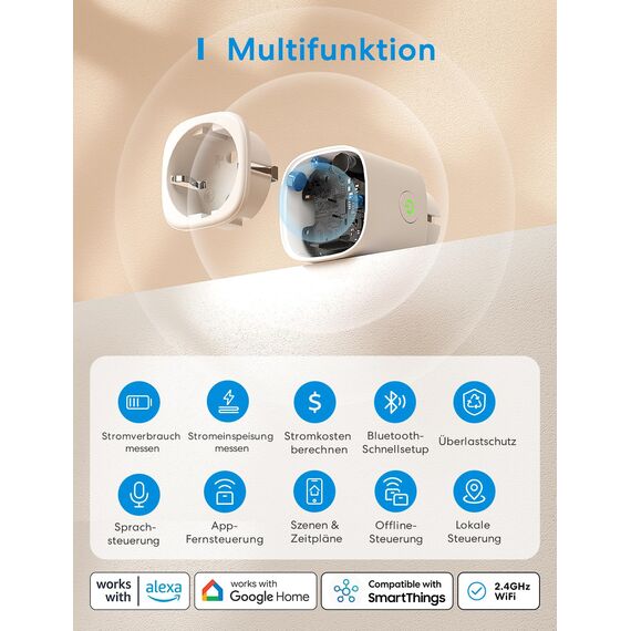Meross Smart WLAN Steckdose mit Strommessung 16A, Zeitschaltuhr Steckdose mit Sprachsteuerung, Fernzugriff, Smart Home WiFi Steckdosen kompatibel mit Alexa, Google Home, SmartThings, 4er