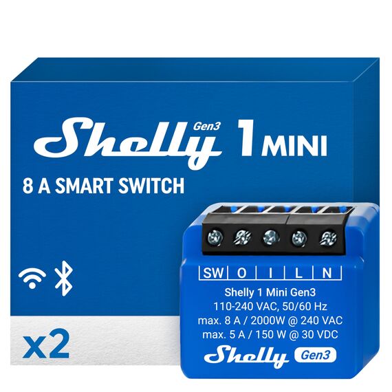 Shelly 1 Mini Gen3 - WLAN & Matter Smart Relaisschalter, 1 Kanal 8A, Potentialfreier Kontakt, Lichtschalter, Garagentoröffner, Smart Home, Zeitschaltuhr, Kein Hub Erforderlich, Alexa, Google (2 Stück)
