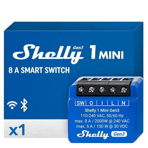 Shelly 1 Mini Gen3 - WLAN & Matter Smart Relaisschalter, 1 Kanal, 8A, Potentialfreier Kontakt, Lichtschalter, Garagentoröffner, Heizung, Smart Home, Zeitschaltuhr, Kein Hub Erforderlich, Alexa, Google