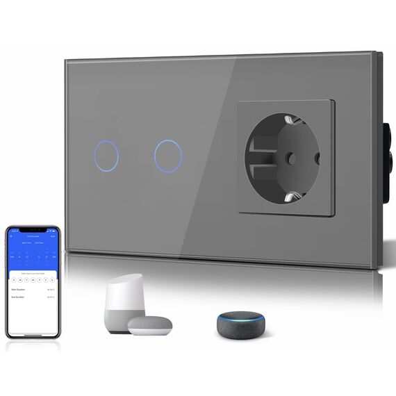 BSEED WLAN Lichtschalter(Neutralleiter Erforderlich), 2 Fach 1 Weg wifi Schalter mit Non-Wifi Steckdose aus Glas, Smart Schalter Kompatibel mit Alexa/Tuya/Google Home/SAMRT LIFE, Grau