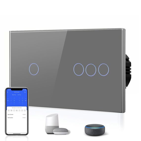 BSEED Smart Alexa Lichtschalter aus Glas, WiFi Touch Wandschalter 1 Fach 1 Weg+ 3 Fach 1 Weg (Neutralleiter Erforderlich), Alexa/Tuya/Google Home-kompatible 157mm * 86mm Grau