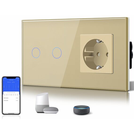 BSEED WLAN Lichtschalter(Neutralleiter Erforderlich), 2 Fach 1 Weg wifi Schalter mit Non-Wifi Steckdose aus Glas, Smart Schalter Kompatibel mit Alexa/Tuya/Google Home/SAMRT LIFE, Gold