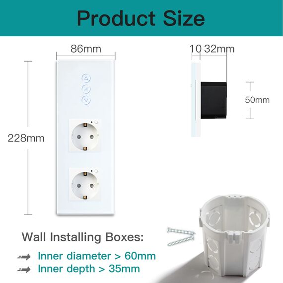 BSEED WiFi Smart Alexa Dimmer Lichtschalter mit Doppelt Steckdose, Kompatibel mit Google Home Tuya, Glas Touchscreen-schalter Wlan Lichtschalter (Neutrale Leitung Benötigt) 1 Fach mit Steckdose Weiß