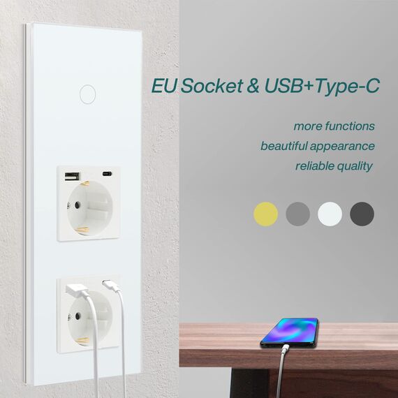 BSEED WLAN Lichtschalter(Neutralleiter Erforderlich), 1 Fach 1 Weg Schalter mit 2 Non-Wifi Steckdose mit USB C aus Glas, Wifi Schalter Kompatibel mit Alexa/Tuya/Google Home/SAMRT LIFE, Weiß
