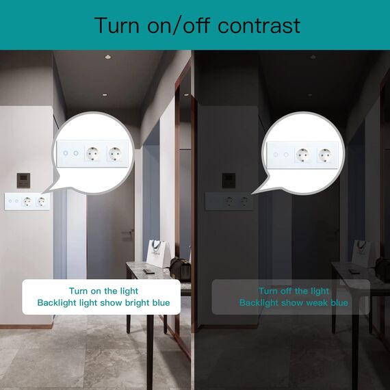 BSEED WLAN Lichtschalter(Neutralleiter Erforderlich), 2 Fach 1 Weg Schalter mit 2 Non-Wifi Steckdose aus Glas, Wifi Schalter Kompatibel mit Alexa/Tuya/Google Home/SAMRT LIFE, Weiß