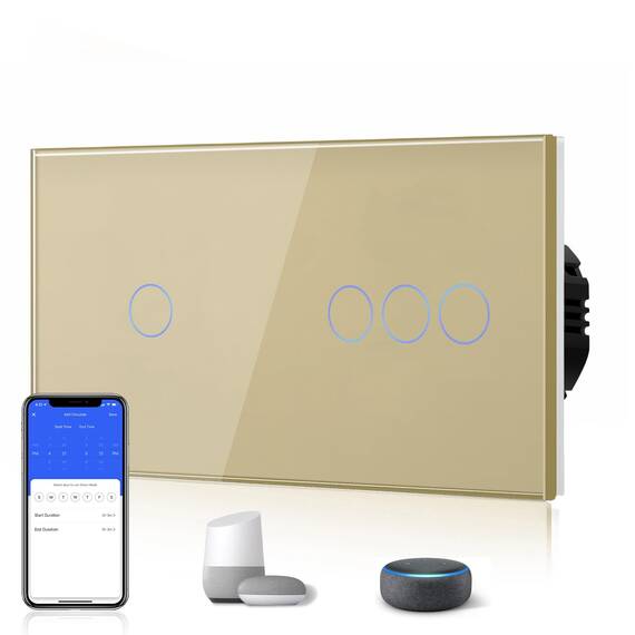 BSEED Smart Alexa Lichtschalter aus Glas, WiFi Touch Wandschalter 1 Fach 1 Weg+ 3 Fach 1 Weg (Neutralleiter Erforderlich), Alexa/Tuya/Google Home-kompatible 157mm * 86mm Gold