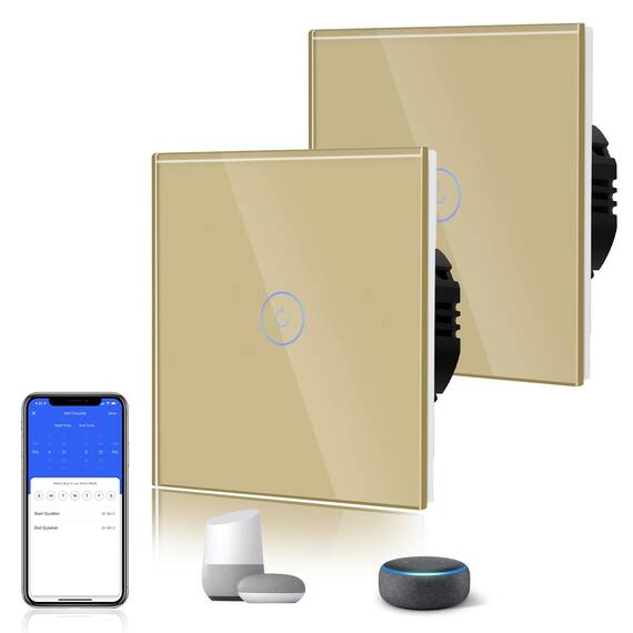 BSEED WLAN Smart Touch Lichtschalter (Neutralleiter Erforderlich), WIfI Schalter aus Glas, Alexa und Google Home Work mit Tuya, 1 Fach 1 Weg Gold, 2 Pack