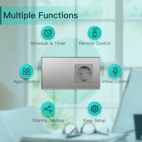 BSEED WLAN Lichtschalter(Neutralleiter Erforderlich), 1 Fach 1 Weg wifi Schalter mit Non-Wifi Steckdose aus Glas, Smart Schalter Kompatibel mit Alexa/Tuya/Google Home/SAMRT LIFE, Grau