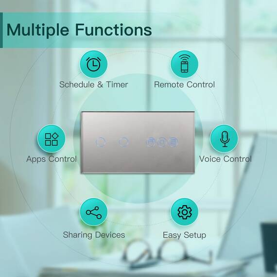 BSEED Alexa WiFi Touch Schalter 2 Fach 1 Weg Fernbedienung mit Smart Life/Tuya APP mit Smart Rolladenschalter Jalousieschalter Alexa und Google Home Kompatibel Grau