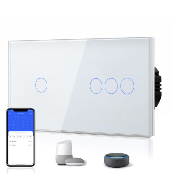 BSEED Smart Alexa Lichtschalter aus Glas, WiFi Touch Wandschalter 1 Fach 1 Weg+ 3 Fach 1 Weg (Neutralleiter Erforderlich), Alexa/Tuya/Google Home-kompatible 157mm * 86mm Weiß