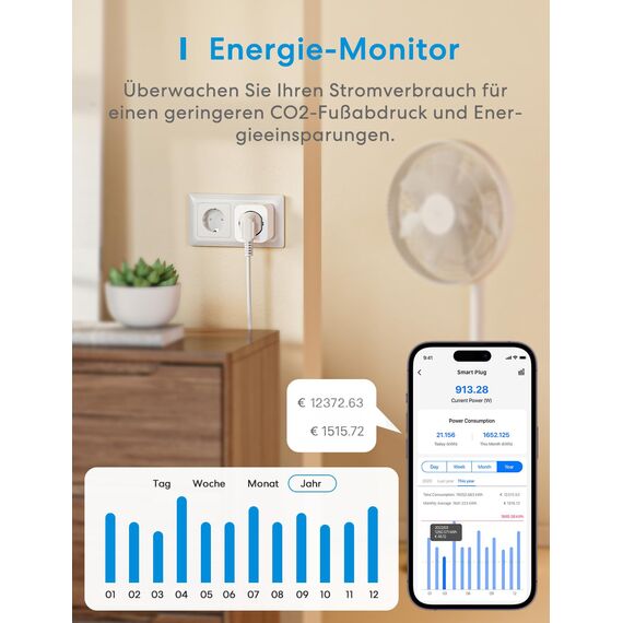 Meross WLAN Steckdose 16A, Stromverbrauch Messen, Stromzähler für Balkonkraftwerk, Smart Bluetooth mit Sprach- und Fernsteuerung, Timer, Smart Plug Kompatibel mit Alexa, Google Home, 4 Stück