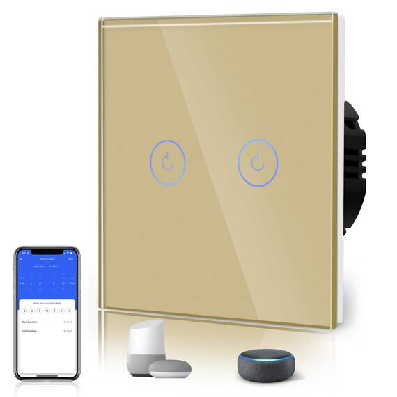 BSEED WLAN Smart Touch Lichtschalter (Neutralleiter Erforderlich), WIfI Schalter aus Glas, Alexa und Google Home Work mit Tuya, 2 Fach 1 Weg Gold