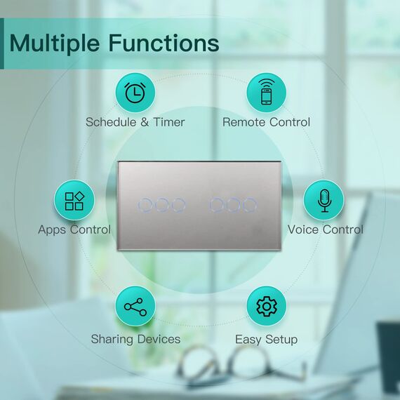 BSEED Smart Alexa Lichtschalter aus Glas, WiFi Touch Wandschalter 1 Fach 1 Weg+ 3 Fach 1 Weg (Neutralleiter Erforderlich), Alexa/Tuya/Google Home-kompatible 157mm * 86mm Grau